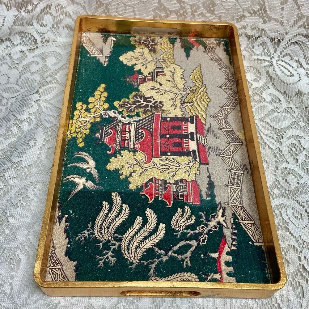 Vintage Polychrome Blue Willow GoldServing Wooden Tray- 12in x 9.5in x 3.5in