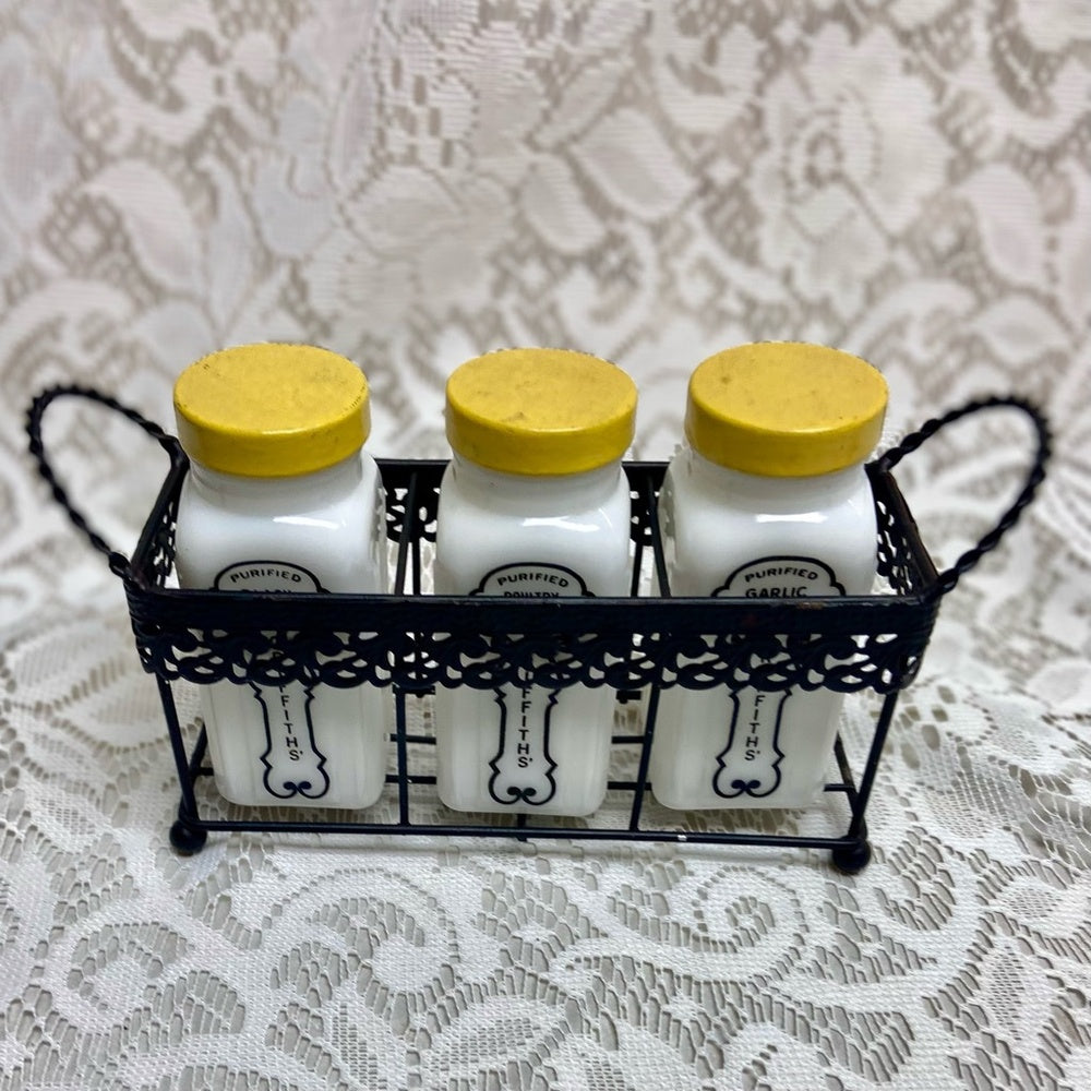 Vintage, 3-pc Blue Willow, Griffiths Glass Shaker Set with Black Metal Stand