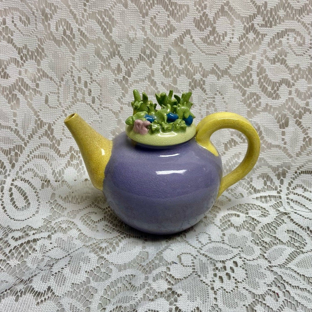 Antique, Rare, Heavy Ceramic Purple-Yellow Teapot with Green Floral Lid