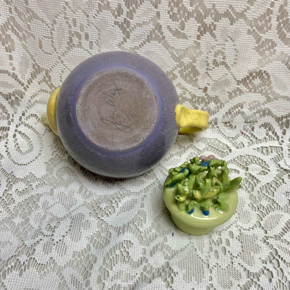 Antique, Rare, Heavy Ceramic Purple-Yellow Teapot with Green Floral Lid