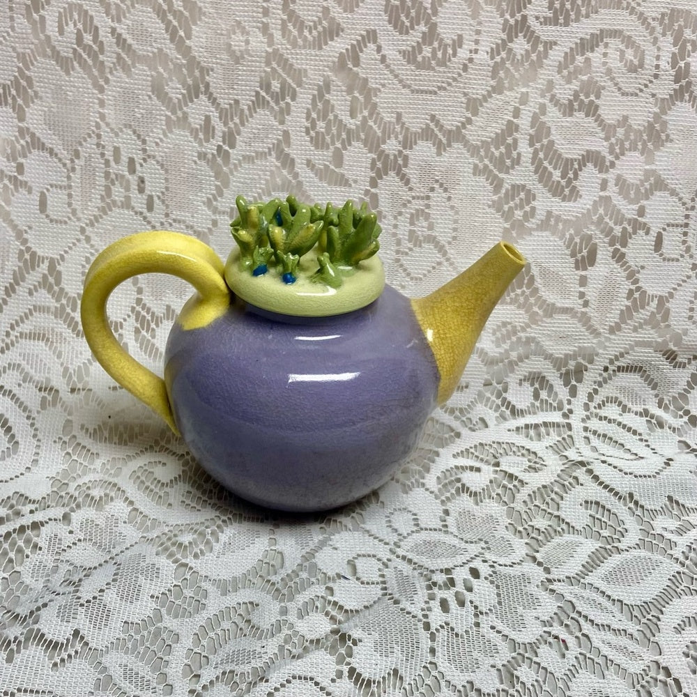 Antique, Rare, Heavy Ceramic Purple-Yellow Teapot with Green Floral Lid