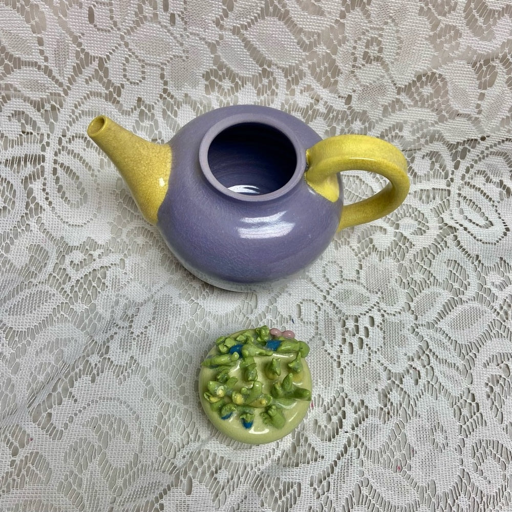 Antique, Rare, Heavy Ceramic Purple-Yellow Teapot with Green Floral Lid