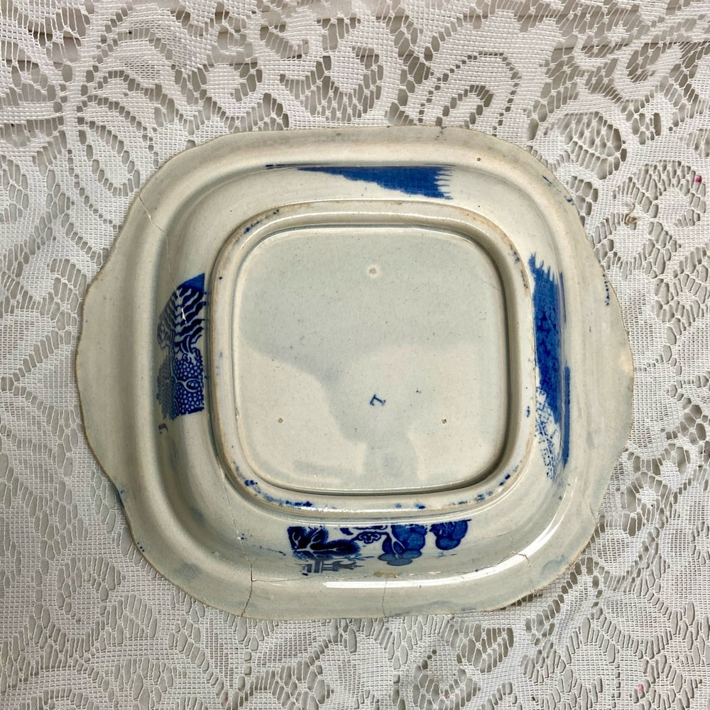 Antique, Broken Treasure, Blue Willow Vegetable Bowl 2.5in x 9.5in x 8.5in