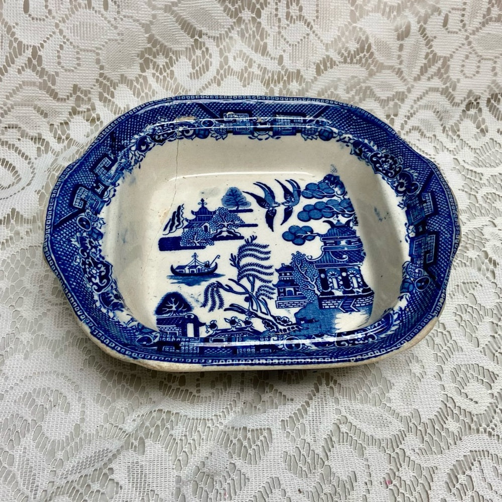 Antique, Broken Treasure, Blue Willow Vegetable Bowl 2.5in x 9.5in x 8.5in