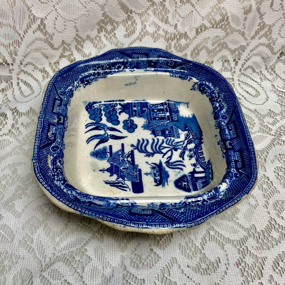 Antique, Broken Treasure, Blue Willow Vegetable Bowl 2.5in x 9.5in x 8.5in