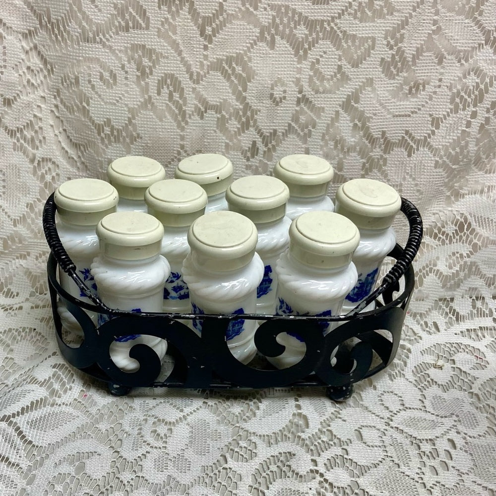 Vintage, 10-pc Blue Willow Milk Glass Shaker Set with Metal Rack.