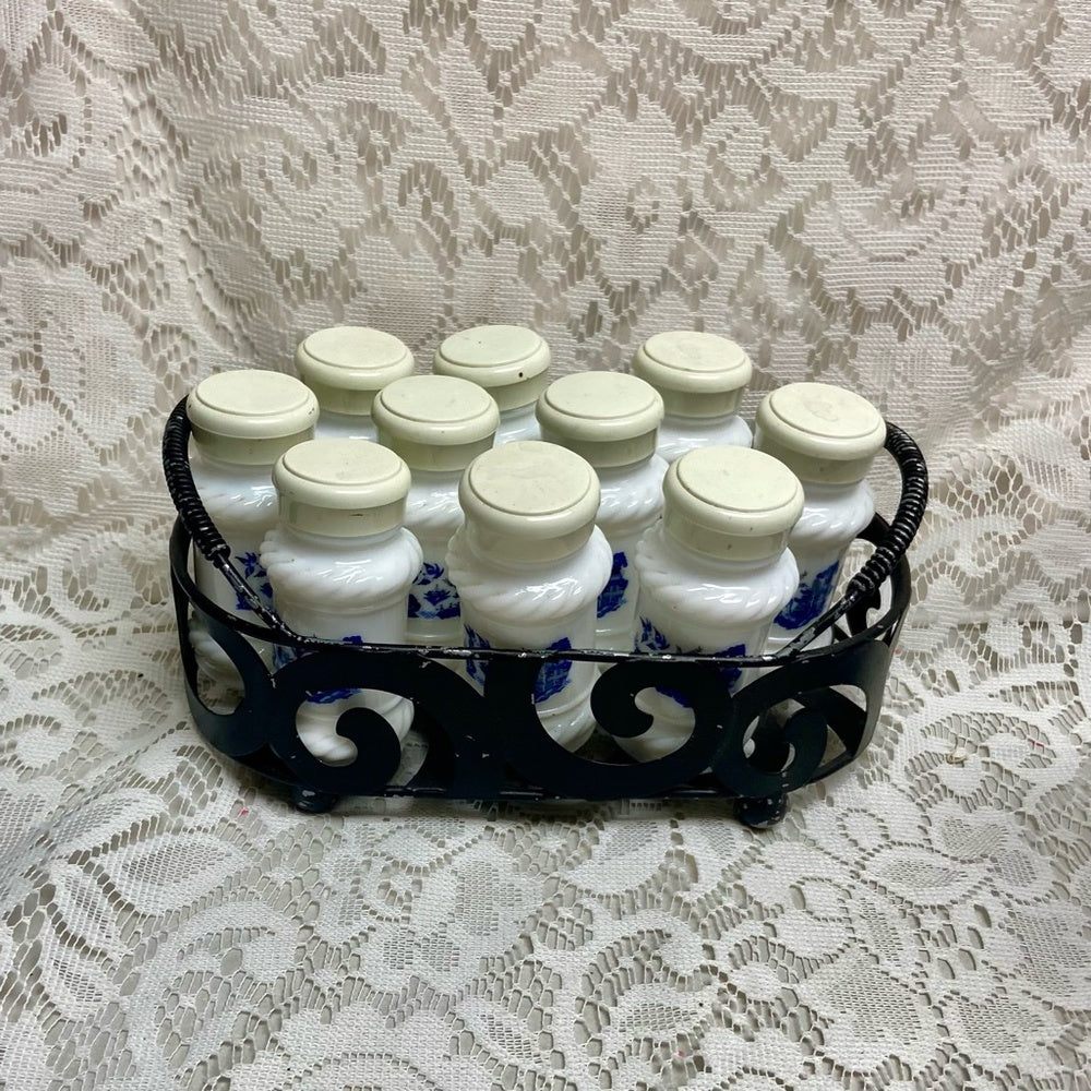 Vintage, 10-pc Blue Willow Milk Glass Shaker Set with Metal Rack.