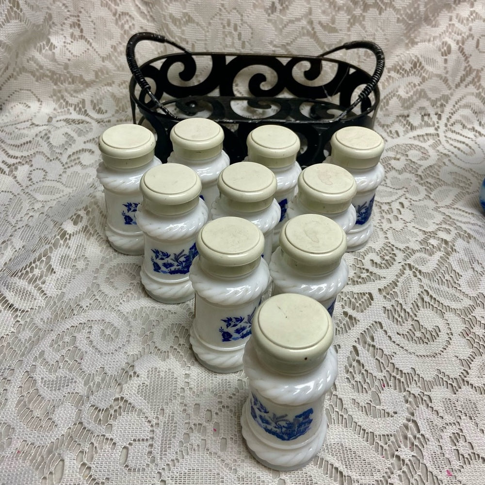 Vintage, 10-pc Blue Willow Milk Glass Shaker Set with Metal Rack.