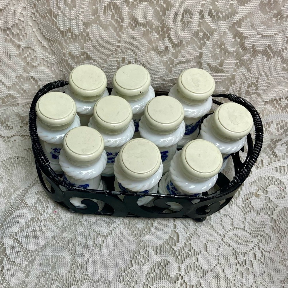 Vintage, 10-pc Blue Willow Milk Glass Shaker Set with Metal Rack.