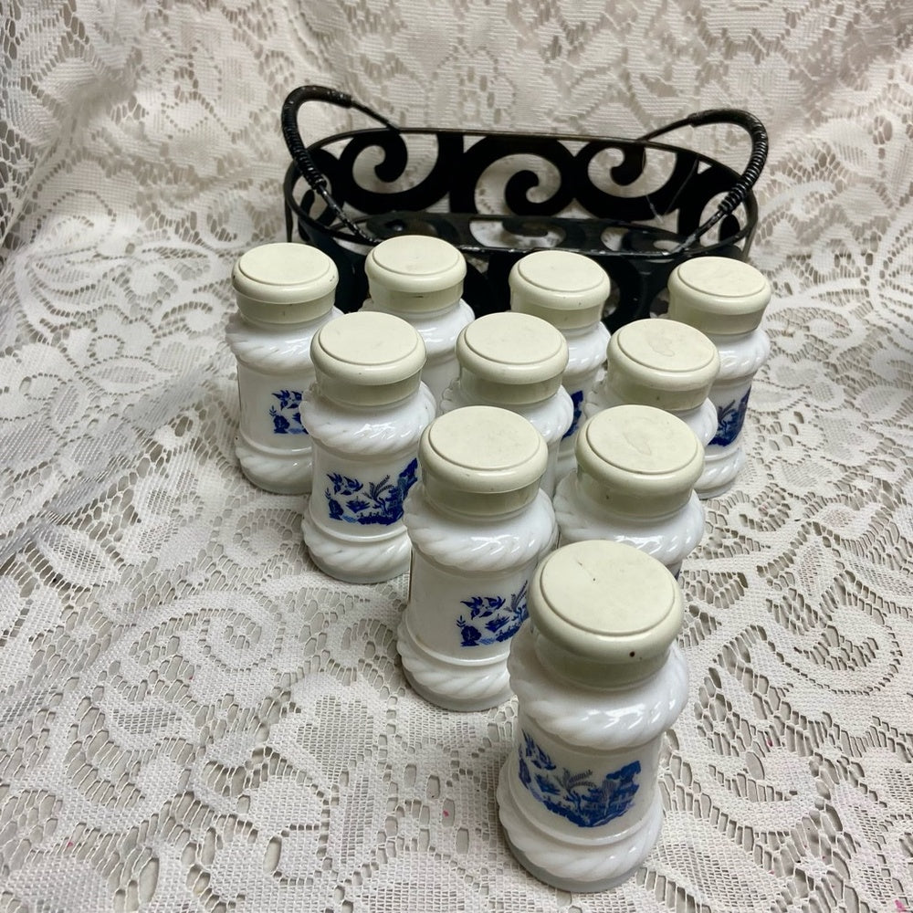 Vintage, 10-pc Blue Willow Milk Glass Shaker Set with Metal Rack.