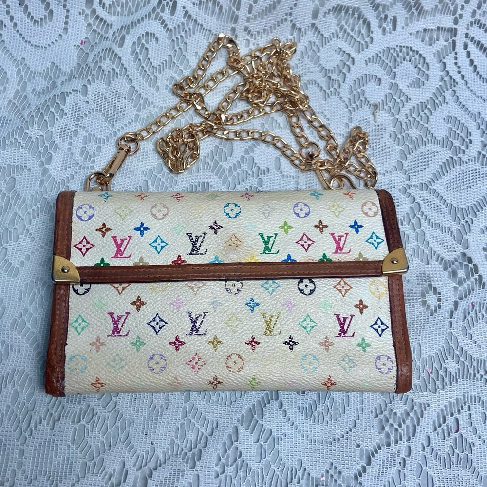 Vintage Authentic Louis Vuitton White Mono Tri-fold Long Wallet- Crossbody