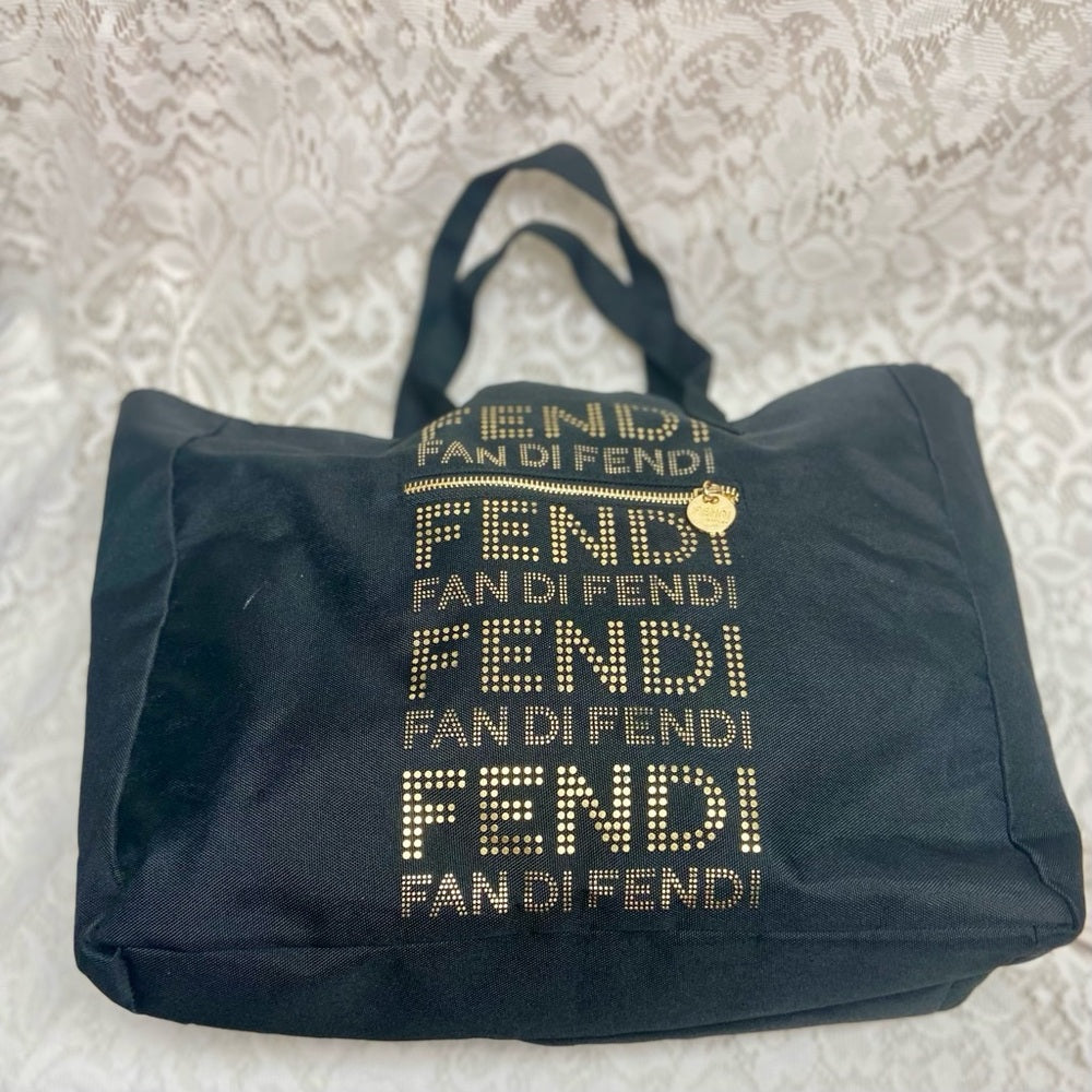 Vintage , Fendi Black -Gold Canvas Tote Hand Bag 14in x 12in x 4in