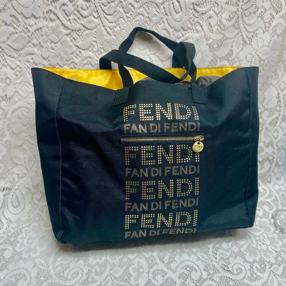 Vintage , Fendi Black -Gold Canvas Tote Hand Bag 14in x 12in x 4in