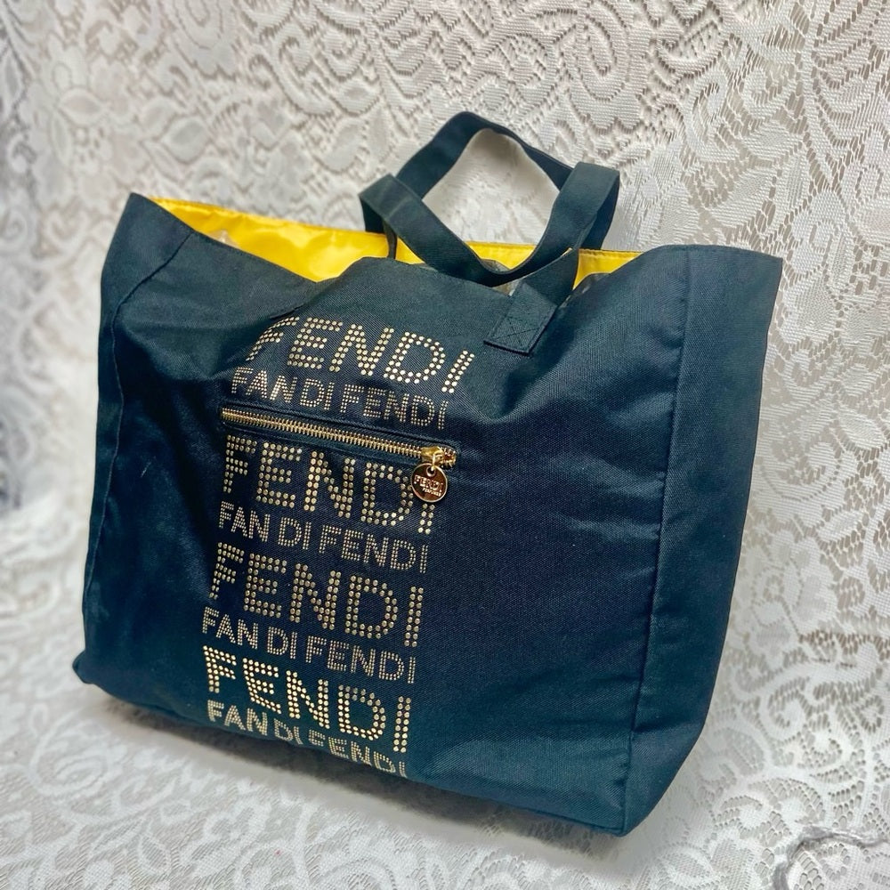 Vintage , Fendi Black -Gold Canvas Tote Hand Bag 14in x 12in x 4in