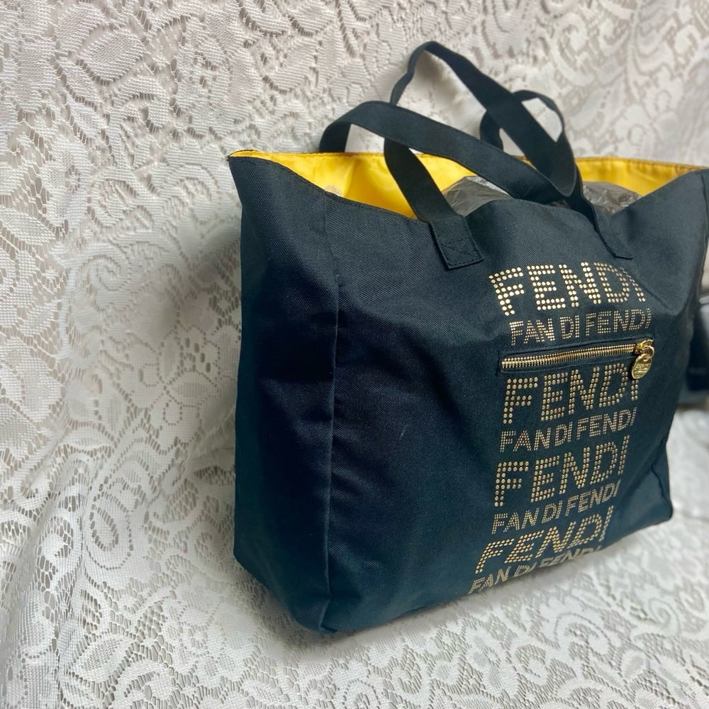 Vintage , Fendi Black -Gold Canvas Tote Hand Bag 14in x 12in x 4in