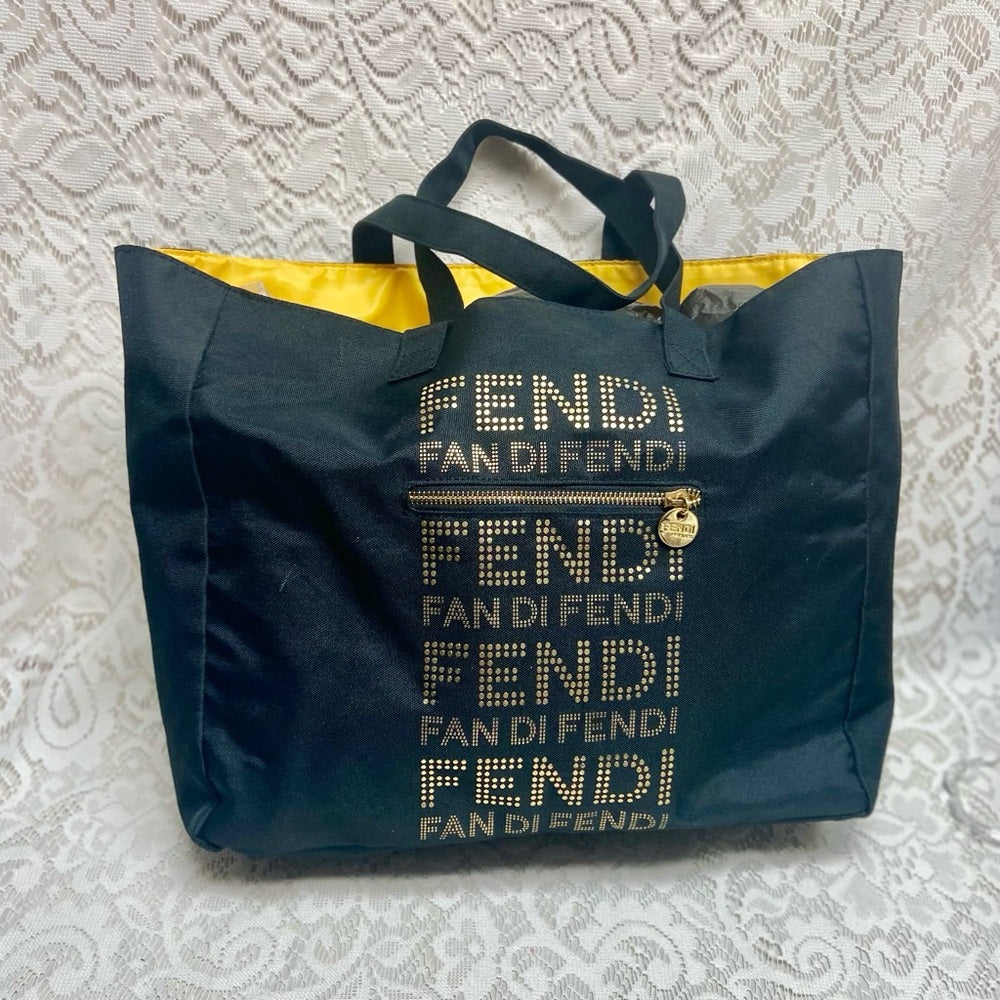 Vintage , Fendi Black -Gold Canvas Tote Hand Bag 14in x 12in x 4in