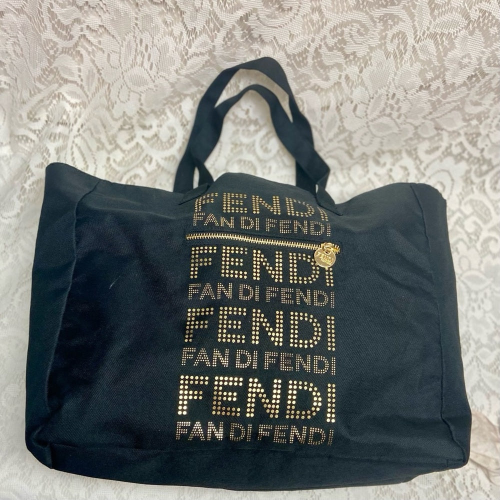 Vintage , Fendi Black -Gold Canvas Tote Hand Bag 14in x 12in x 4in