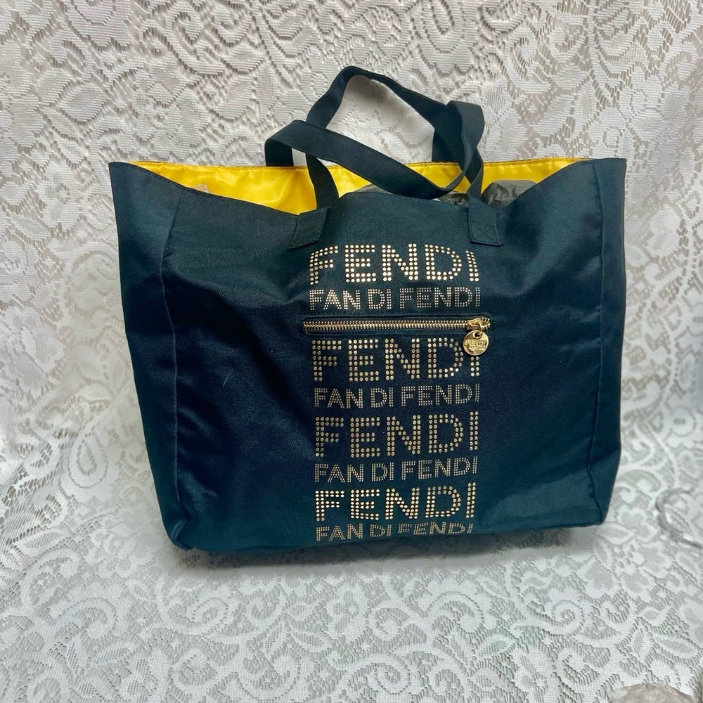 Vintage , Fendi Black -Gold Canvas Tote Hand Bag 14in x 12in x 4in