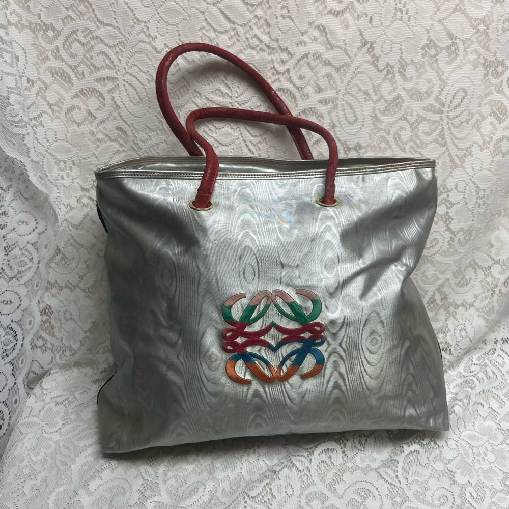 Authentic Loewe, Metallic Blue-Gray Fabric Large Tote- 17in x 14in x 5.5in