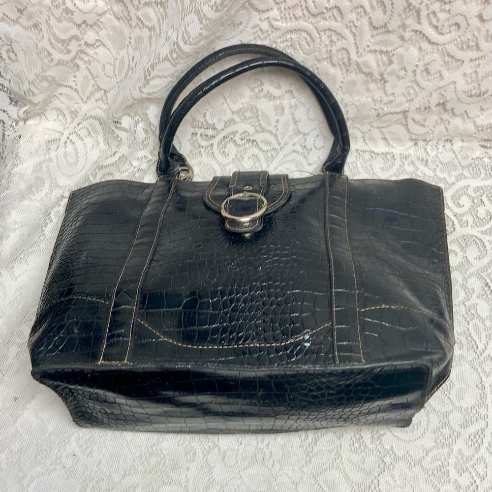 Vintage, Emilie M, Large, Black Faux Croc Leather Tote Handbag 13in x 12in x 6in