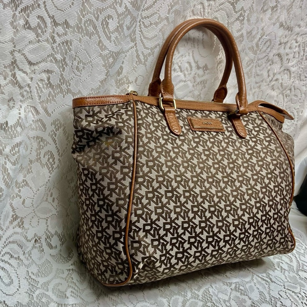Vintage, DKNY Brown Mono Canvas Tote Handbag 14in x 11in x 6in