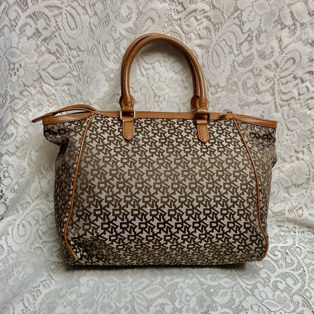 Vintage, DKNY Brown Mono Canvas Tote Handbag 14in x 11in x 6in