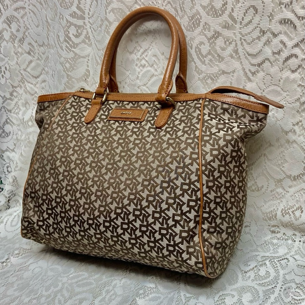 Vintage, DKNY Brown Mono Canvas Tote Handbag 14in x 11in x 6in