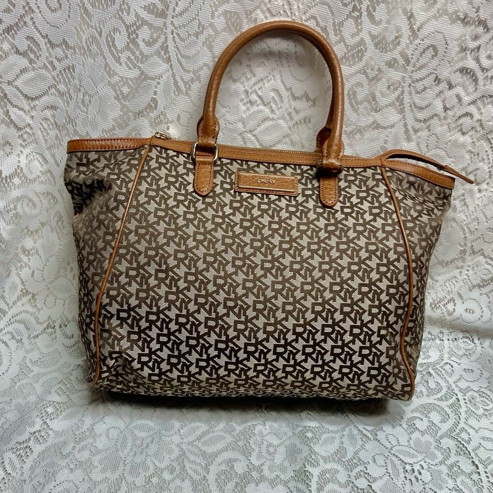 Vintage, DKNY Brown Mono Canvas Tote Handbag 14in x 11in x 6in