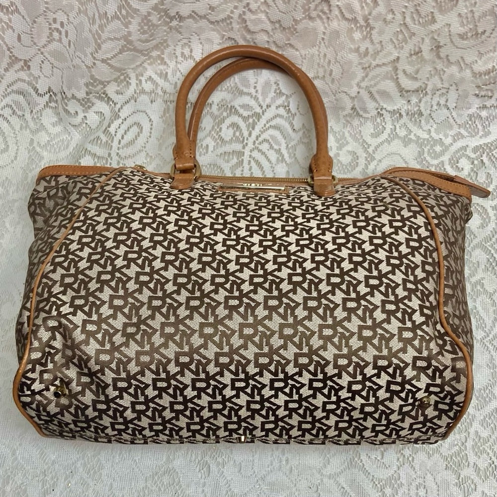 Vintage, DKNY Brown Mono Canvas Tote Handbag 14in x 11in x 6in