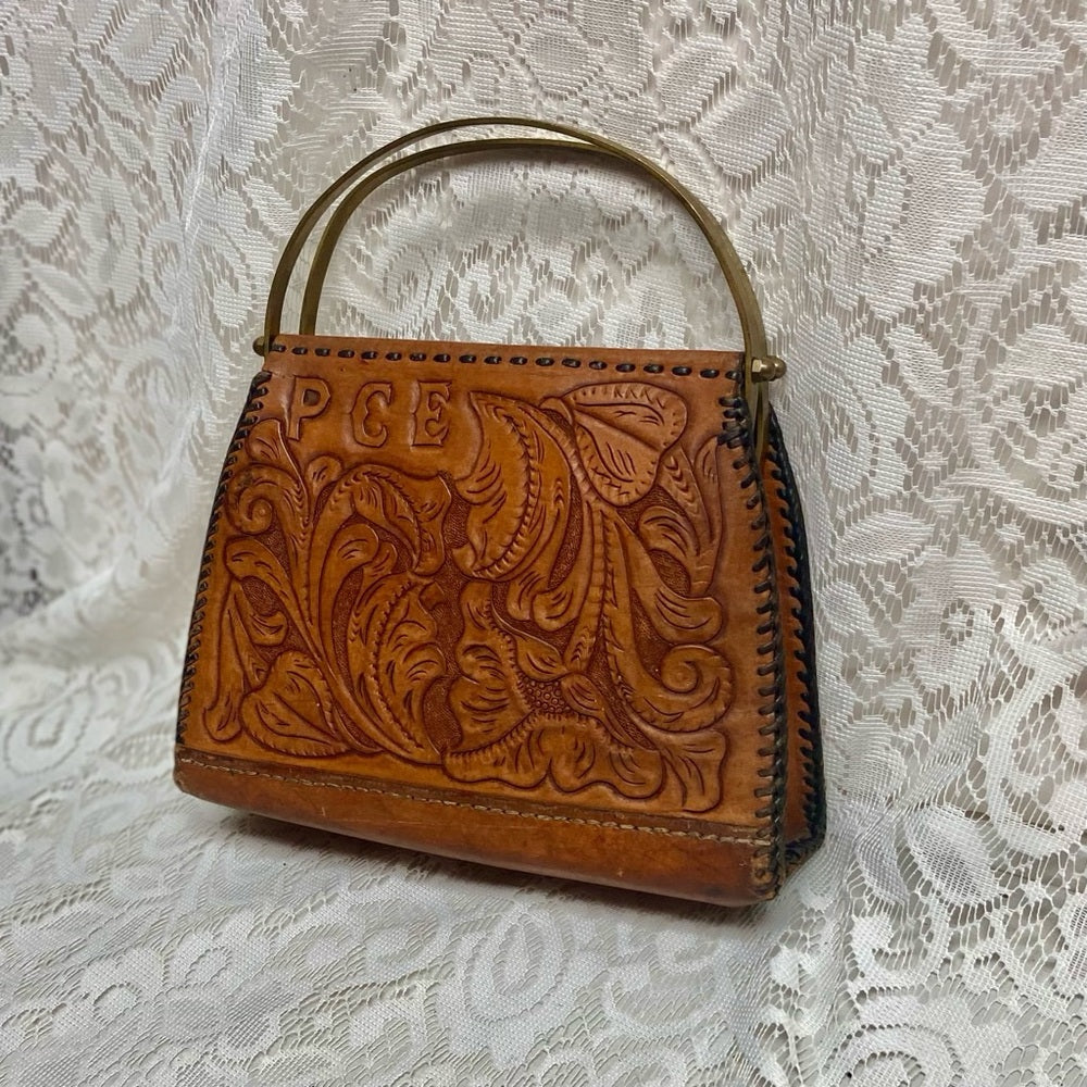 Vintage, PCE Genuine Brown FloralTooled Leather Handbag 10in x 7in x 3in