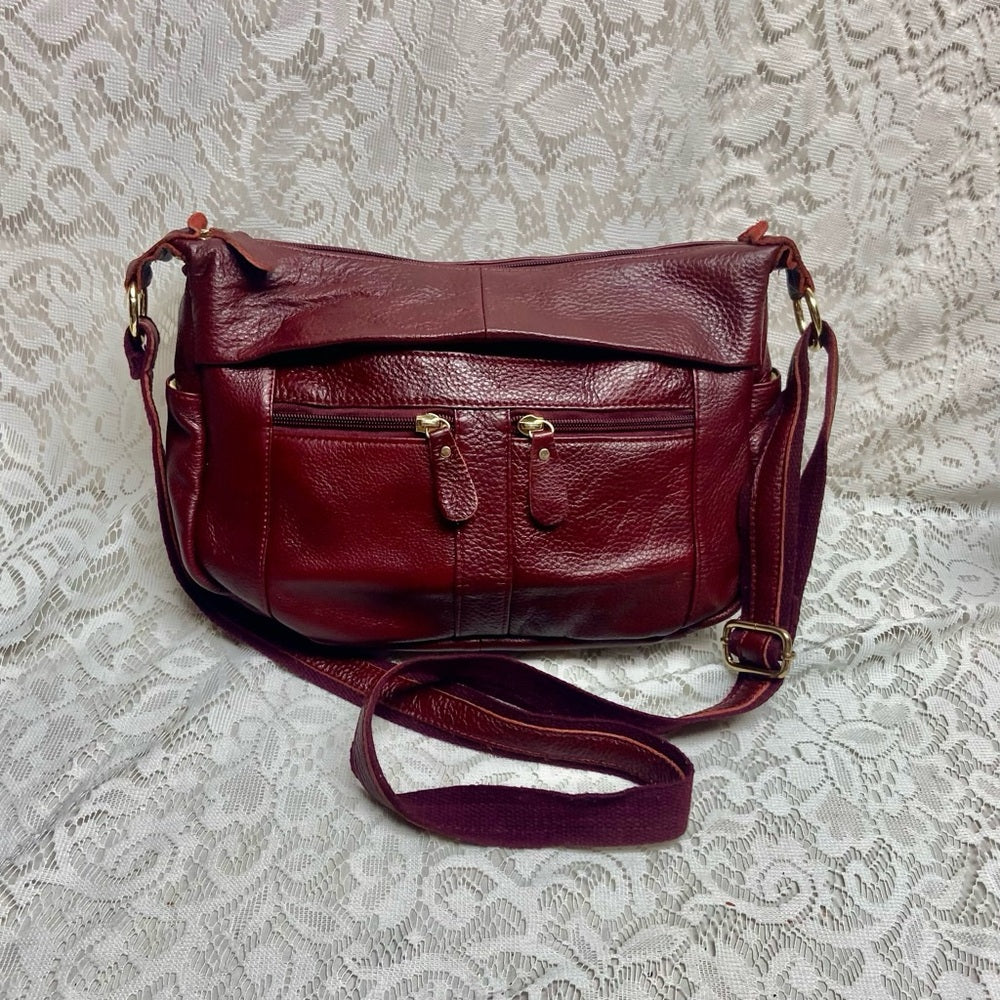 Vintage, Burgundy Genuine Leather Handbag-Crossbody 10in x 8in x 4.5in