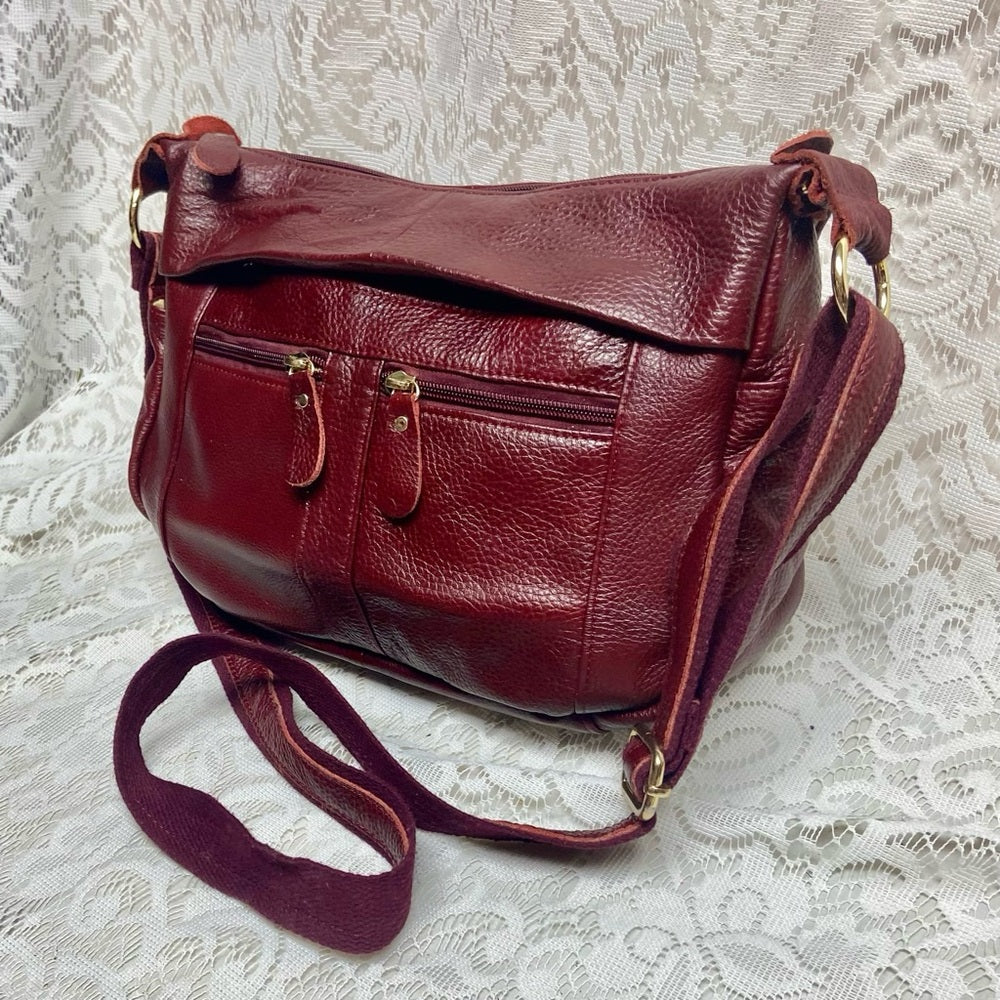 Vintage, Burgundy Genuine Leather Handbag-Crossbody 10in x 8in x 4.5in