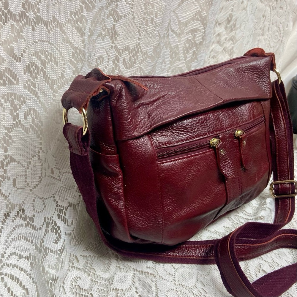 Vintage, Burgundy Genuine Leather Handbag-Crossbody 10in x 8in x 4.5in