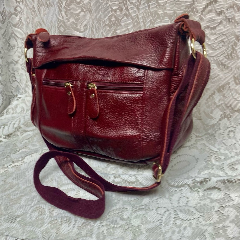 Vintage, Burgundy Genuine Leather Handbag-Crossbody 10in x 8in x 4.5in