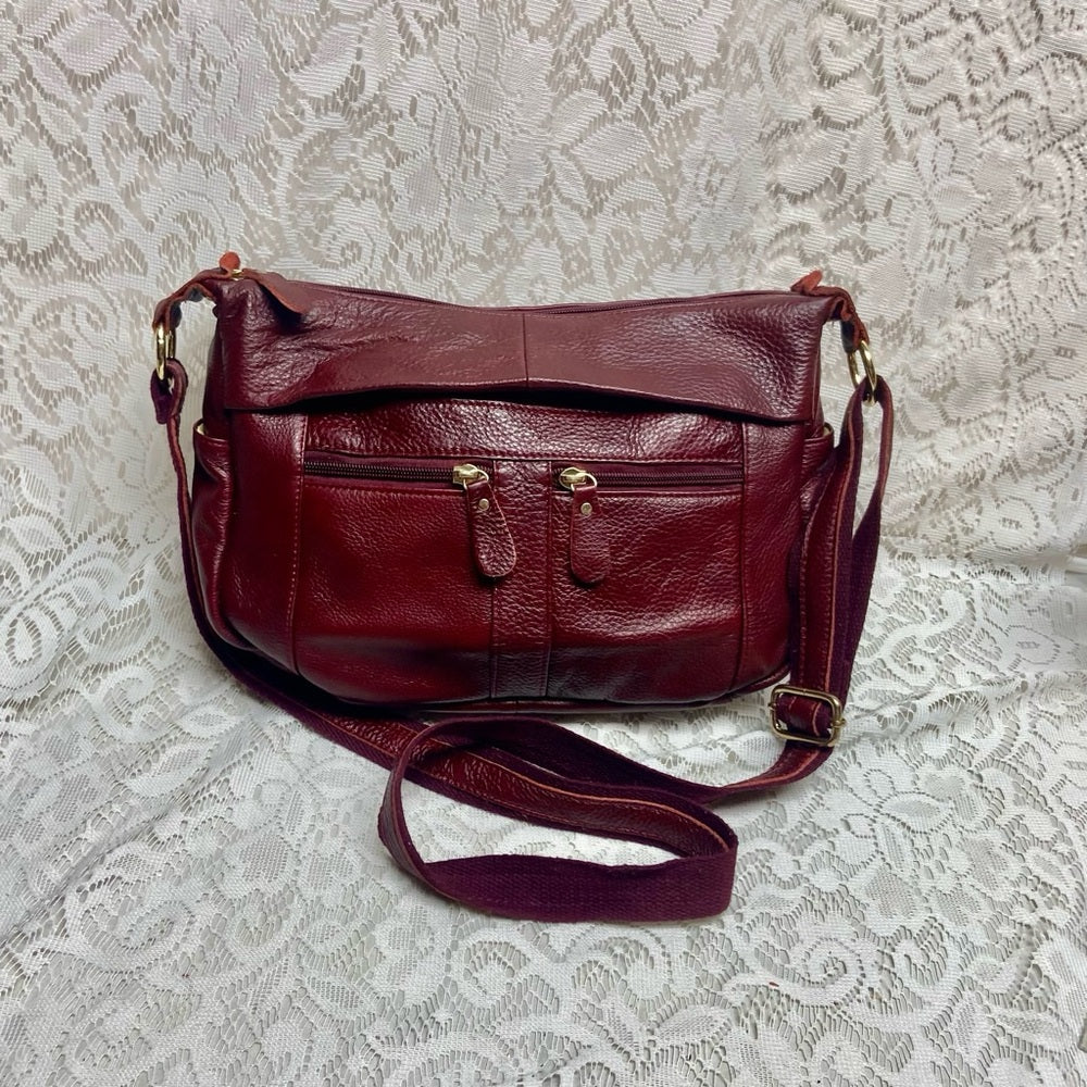 Vintage, Burgundy Genuine Leather Handbag-Crossbody 10in x 8in x 4.5in