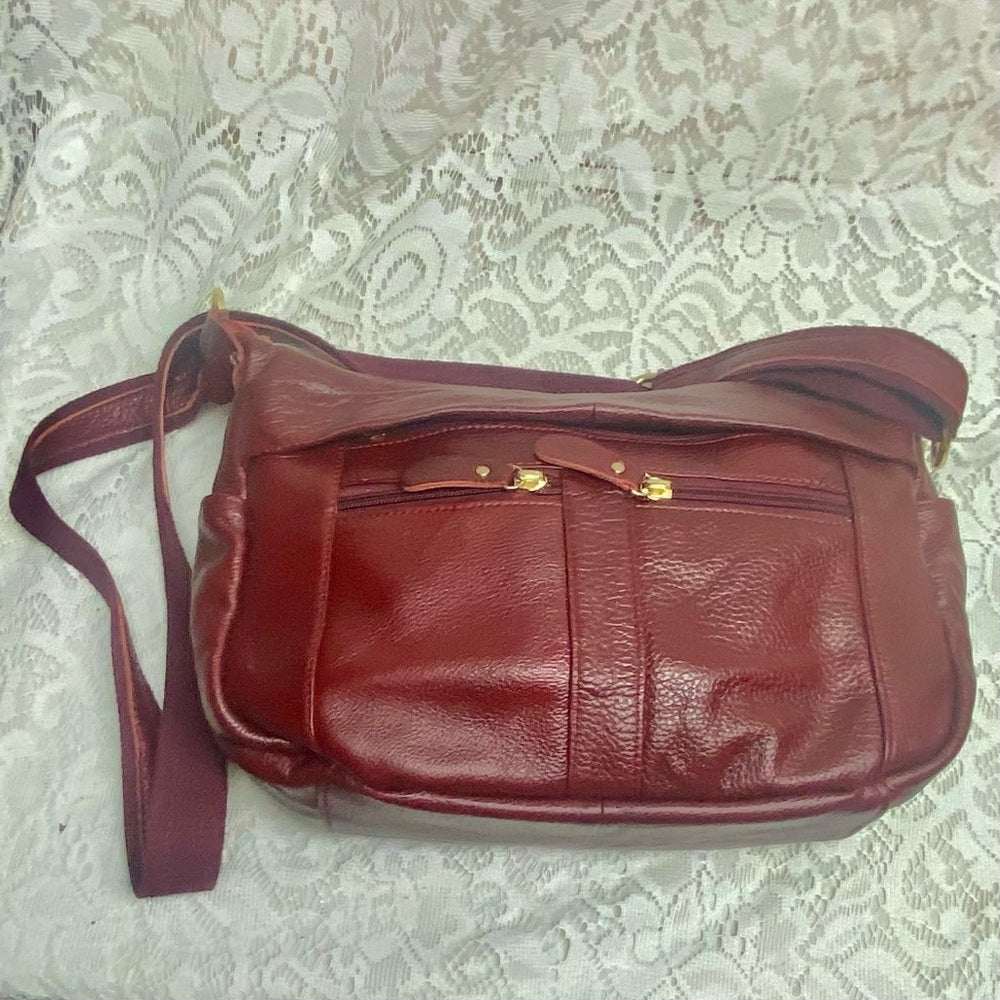 Vintage, Burgundy Genuine Leather Handbag-Crossbody 10in x 8in x 4.5in
