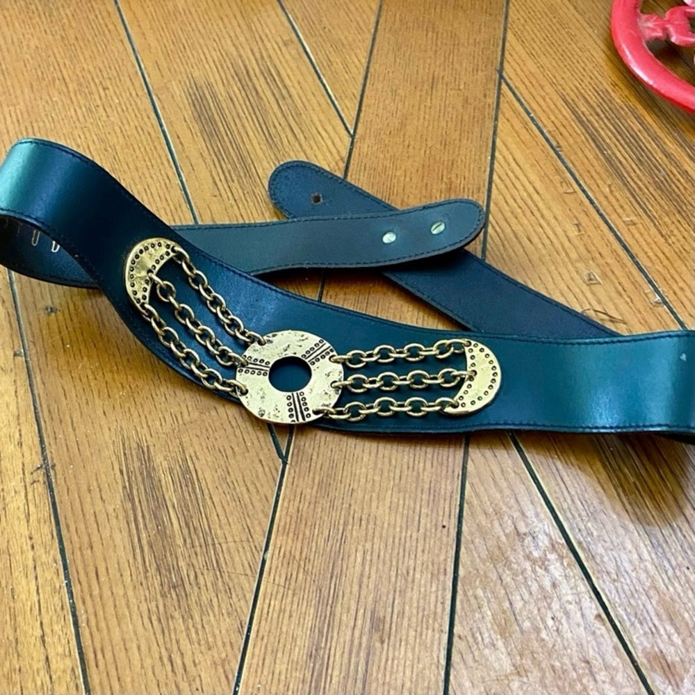 NY Studio, Italy Black Genuine Leather with Gold Accent 36in x 2.5in