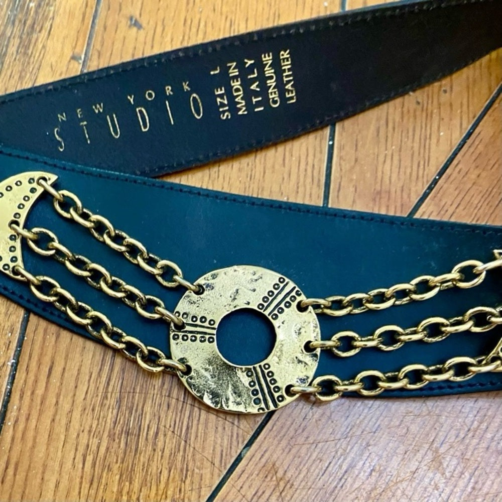 NY Studio, Italy Black Genuine Leather with Gold Accent 36in x 2.5in