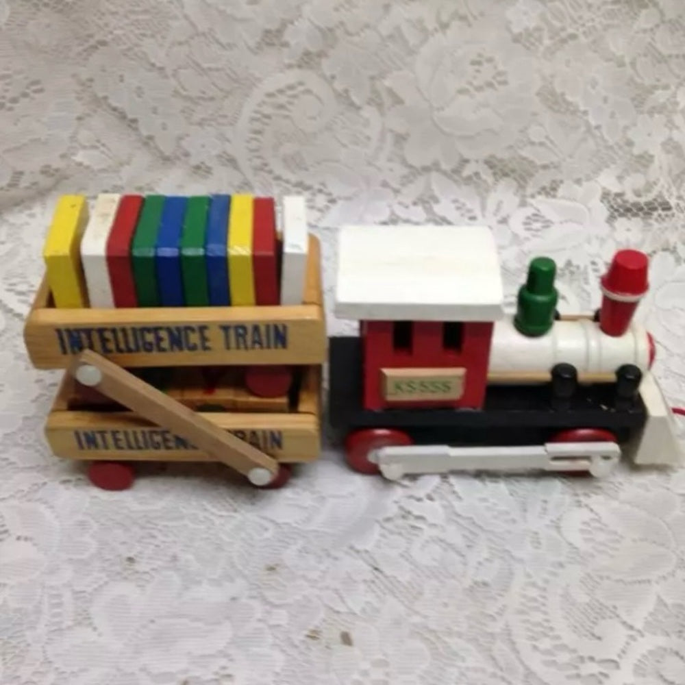 Vintage, Wooden Double Decker Intelligence Train with Original Box 13inx5in4in