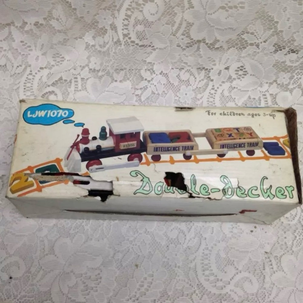 Vintage, Wooden Double Decker Intelligence Train with Original Box 13inx5in4in