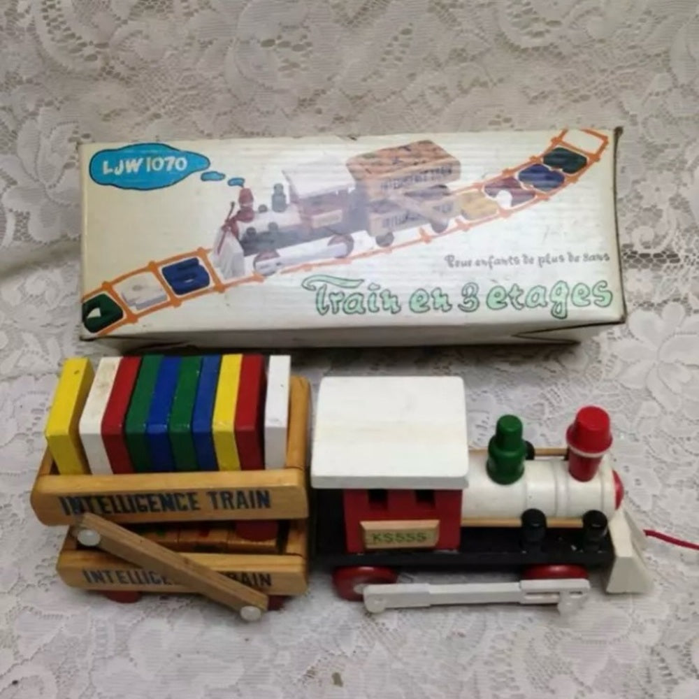 Vintage, Wooden Double Decker Intelligence Train with Original Box 13inx5in4in