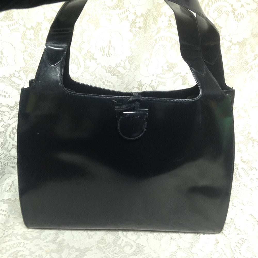 Ferragamo Large Black Enamel Patent Tote- Handbag