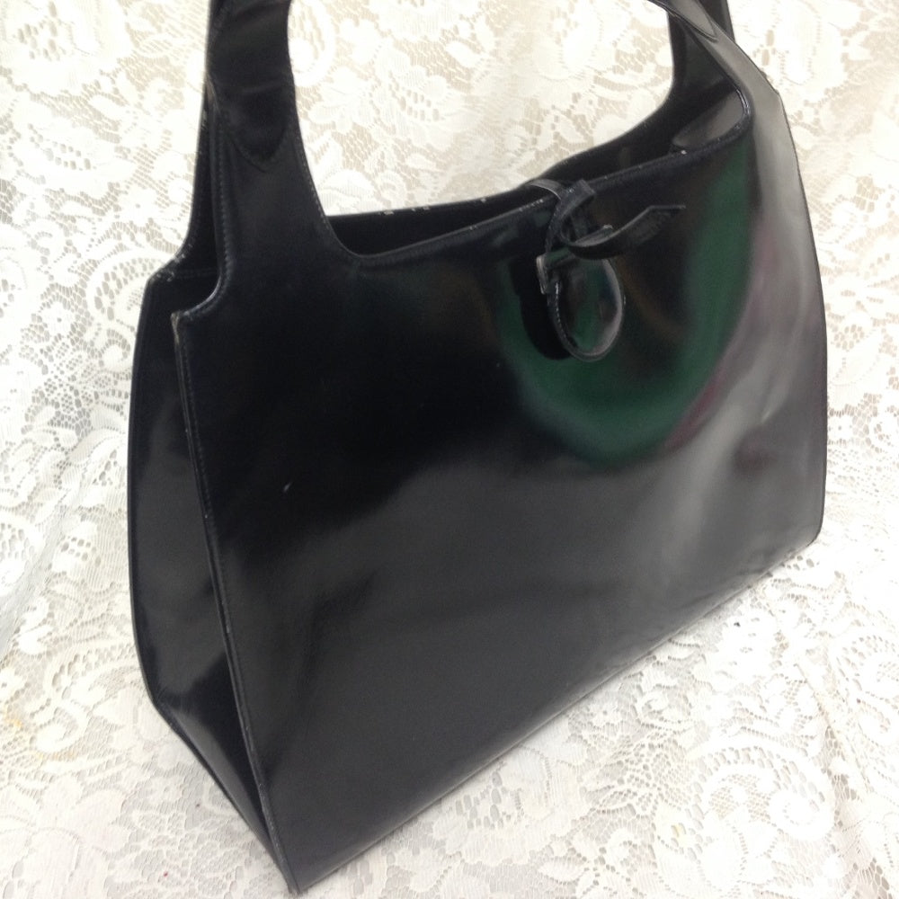 Ferragamo Large Black Enamel Patent Tote- Handbag