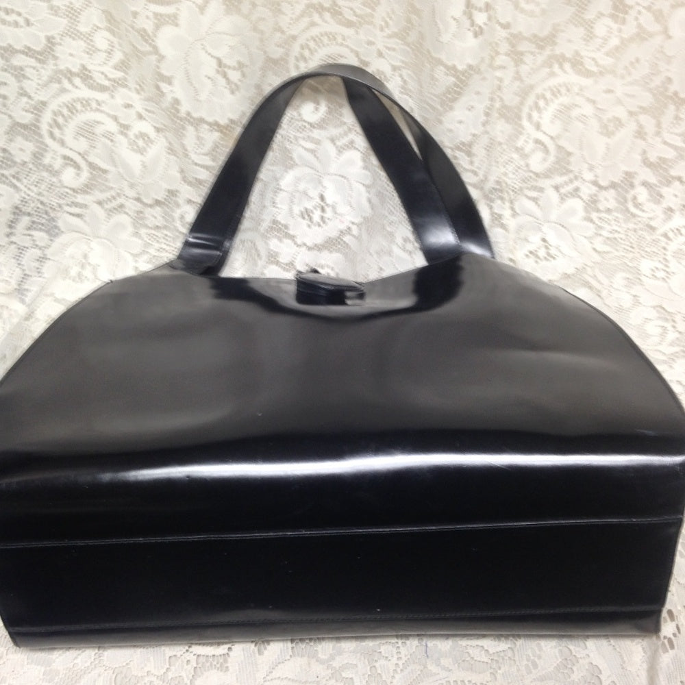 Ferragamo Large Black Enamel Patent Tote- Handbag