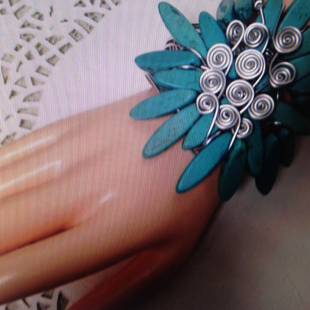 Chunky, Silver Tone Wired Turquoise Cuff Bracelet