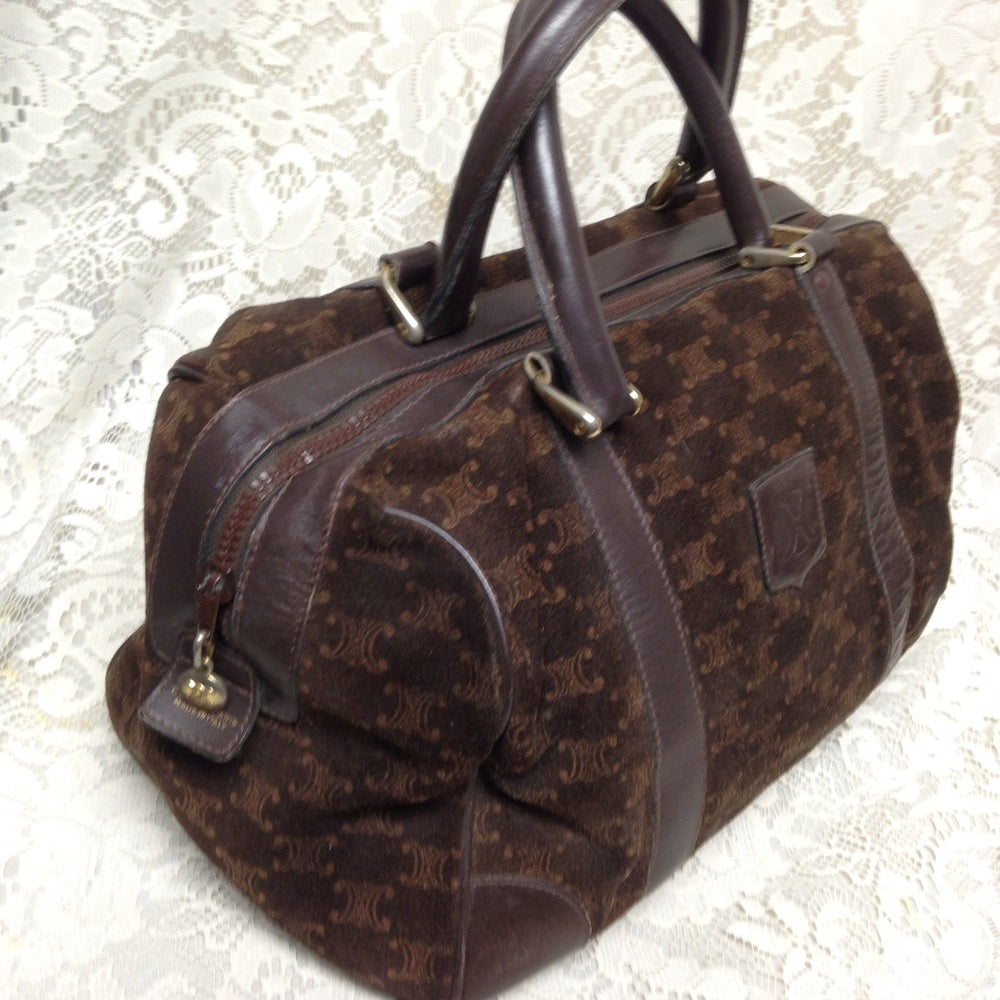 Vintage, Celine Brown Suede Boston Style Handbag