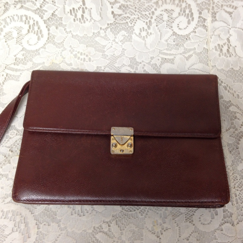 YSL Brown Leather Mens 2-Gusset Clutch-Wristlet