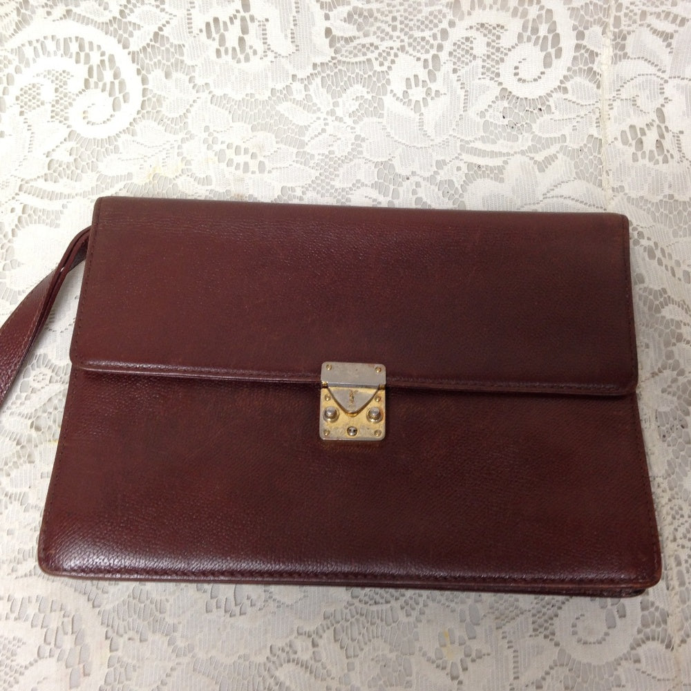 YSL Brown Leather Mens 2-Gusset Clutch-Wristlet