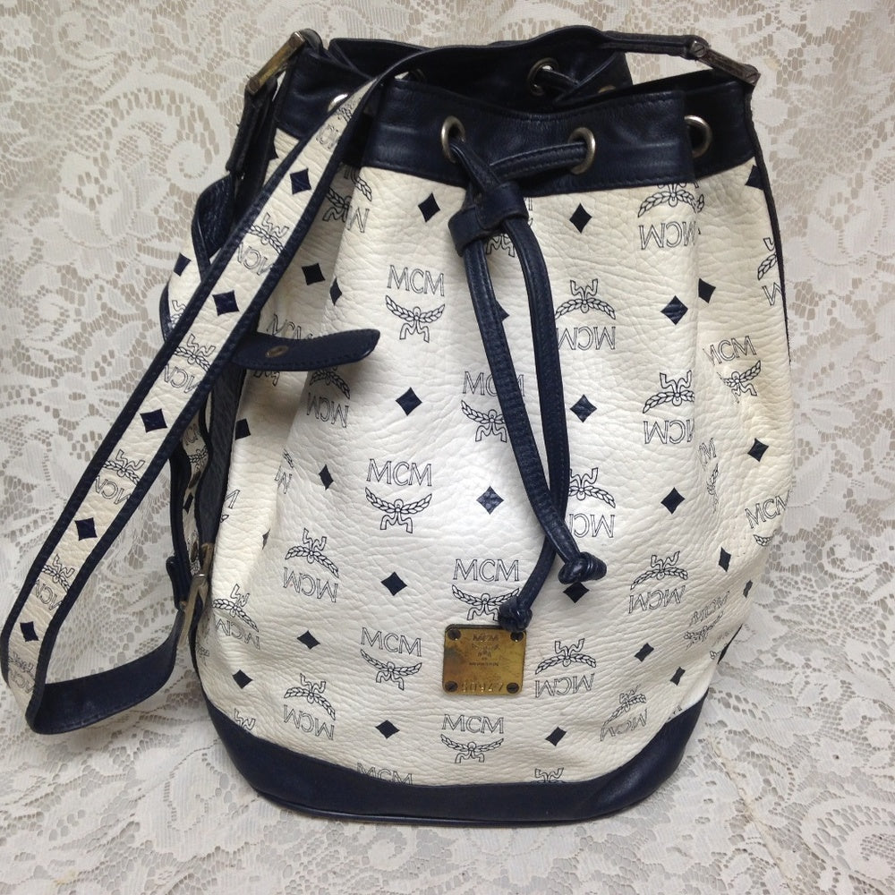 MCM White Mono- Blue Leather Bucket-Drawst…