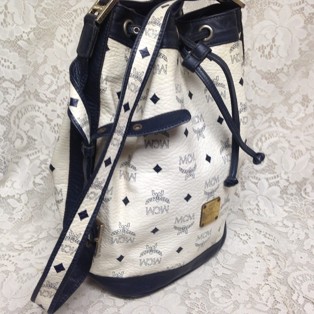 MCM White Mono- Blue Leather Bucket-Drawst…